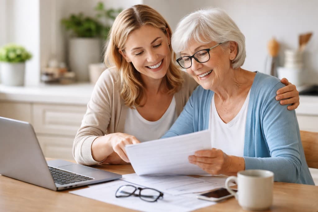 A younger woman and an older woman smiling while reviewing paperwork together at a kitchen table